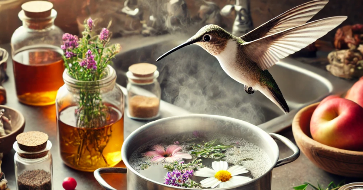 Boiling water in a pot to make hummingbird nectar