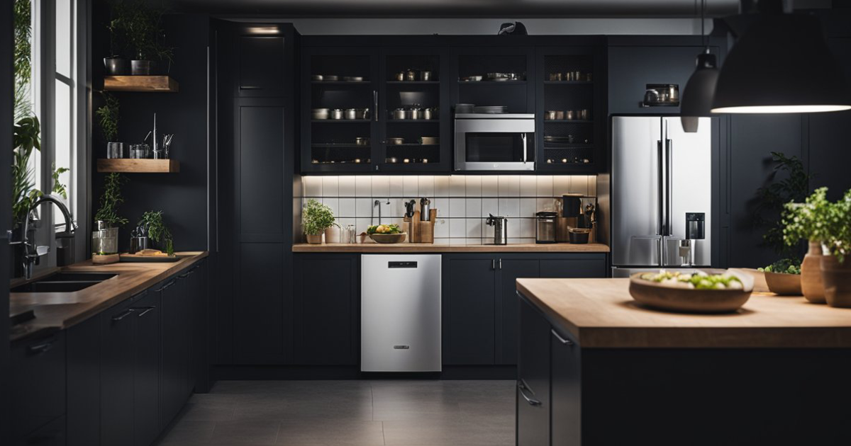 Closed refrigerator in a dark kitchen during a simulated power outage